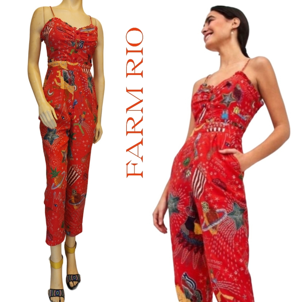 Farm Rio Carnival Jumpsuit Red Multi Size Small NWT